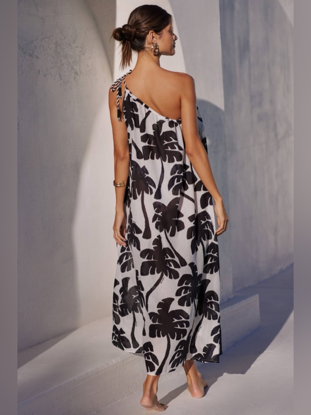 FARM RIO monochromatic One Shoulder Coconut Tree print Cotton Cover-Up Large - Picture 3 of 11